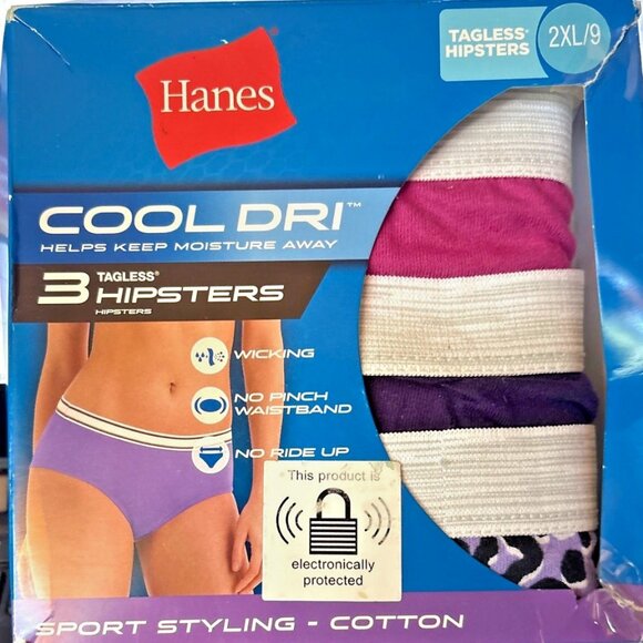 Womens Hanes Tagless Hipsters 3-Pack 2XL/9 Cool DRI Cotton Leopard Purple Pink - Picture 1 of 4